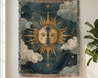 Gewebte Decke mit himmlischem Sonne-Mond-Motiv: Vintage-Astrologie-Überwurf, mystische Boho-Dekoration, traumhafte Wolkenhimmel-Decke, kosmisches Zimmeraccessoire