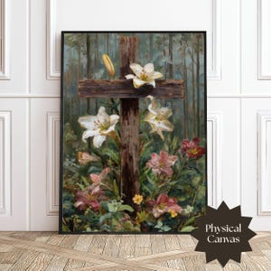 Christian Canvas Wall Art Wooden Cross with Lilies Rustic Floral Oil Painting Faith Based Religious Gift Worship Room Easter Home Decor