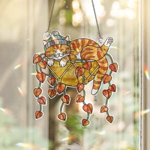 Holographic Tabby Cat Plant Suncatcher – Acrylic Window Hanging, Faux Stained-Glass Style Rainbow Light Catcher, Gift for Cat & Plant Lovers