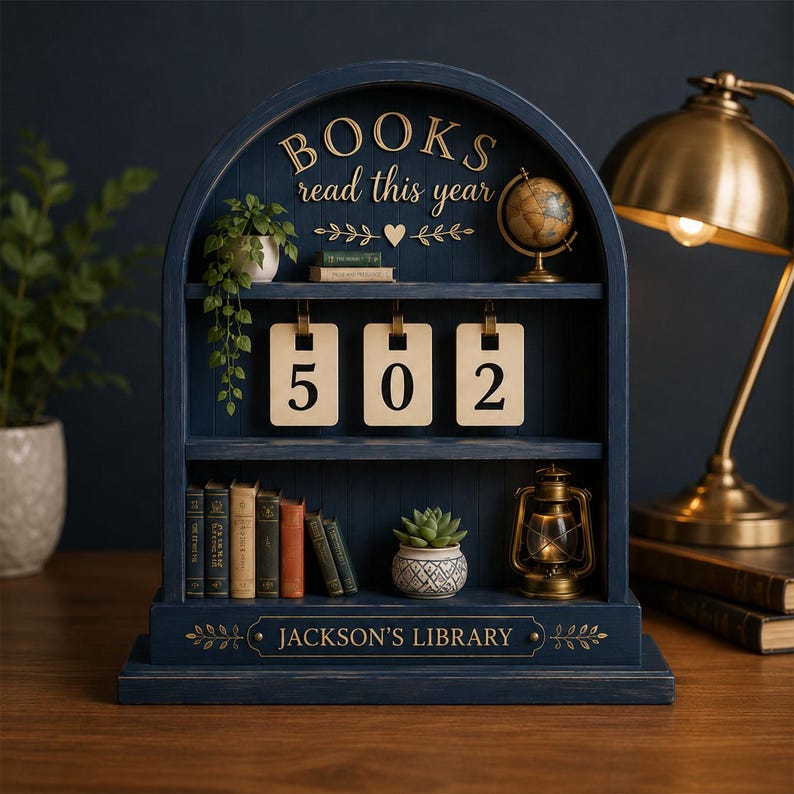 May include: A dark blue arched wooden bookshelf display with three shelves. The top shelf features a globe, a small potted plant, and the text BOOKS read this year. The middle shelf holds three numbered tags reading 502. The bottom shelf contains miniature books, a succulent, and a lantern, with the text JACKSON'S LIBRARY printed on the base.