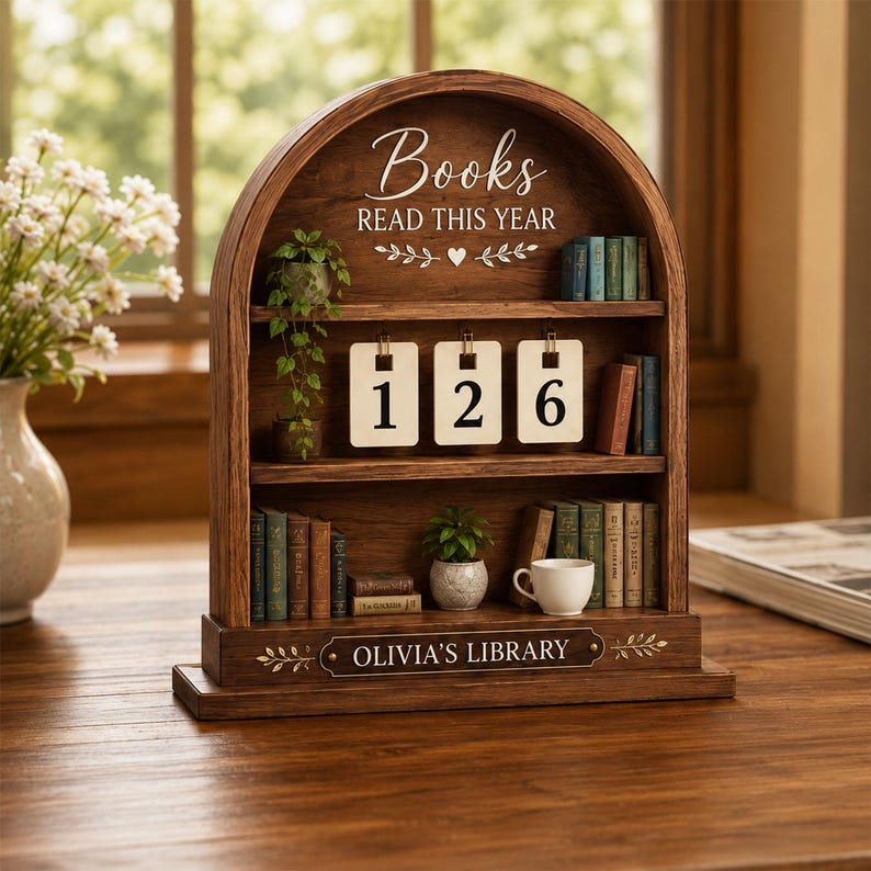 May include: A wooden arched bookshelf display with the text Books READ THIS YEAR and OLIVIA'S LIBRARY. It features two shelves holding miniature books, a small potted plant, a white cup, and three hanging cards displaying the number 126.