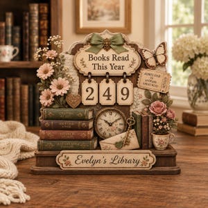 May include: A decorative wooden book tracker featuring the text Books Read This Year and Evelyn's Library. It includes a clock, a stack of books with titles like Chapters of Life, a butterfly, floral accents, a key, and three hanging number tags showing 249.