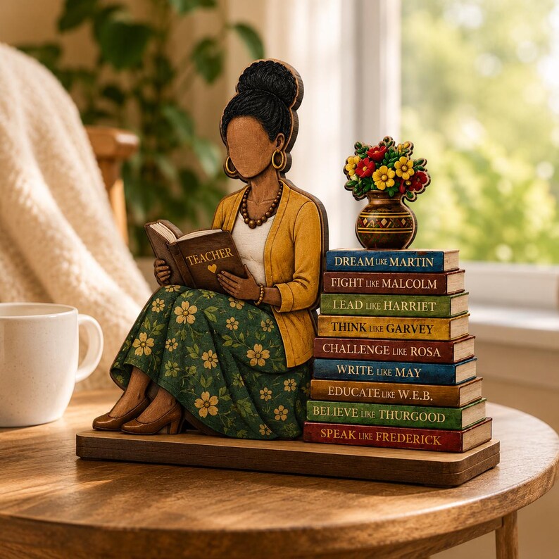 Puede incluir: Una figura de madera de una persona con cabello oscuro en un mo&ntilde;o, vistiendo un c&aacute;rdigan amarillo y una falda verde con flores, leyendo un libro que dice TEACHER. Al lado hay una pila de libros con nombres como MARTIN, MALCOLM, HARRIET, GARVEY, ROSA, MAY, W.E.B., THURGOOD y FREDERICK.