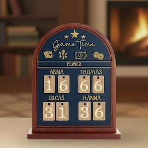 May include: A wooden game score board with a dark blue background and the words "Game Time" in gold script. The board has spaces for four players, with scores displayed on individual wooden tiles. Includes icons of cards, chess pieces, money, and dice.