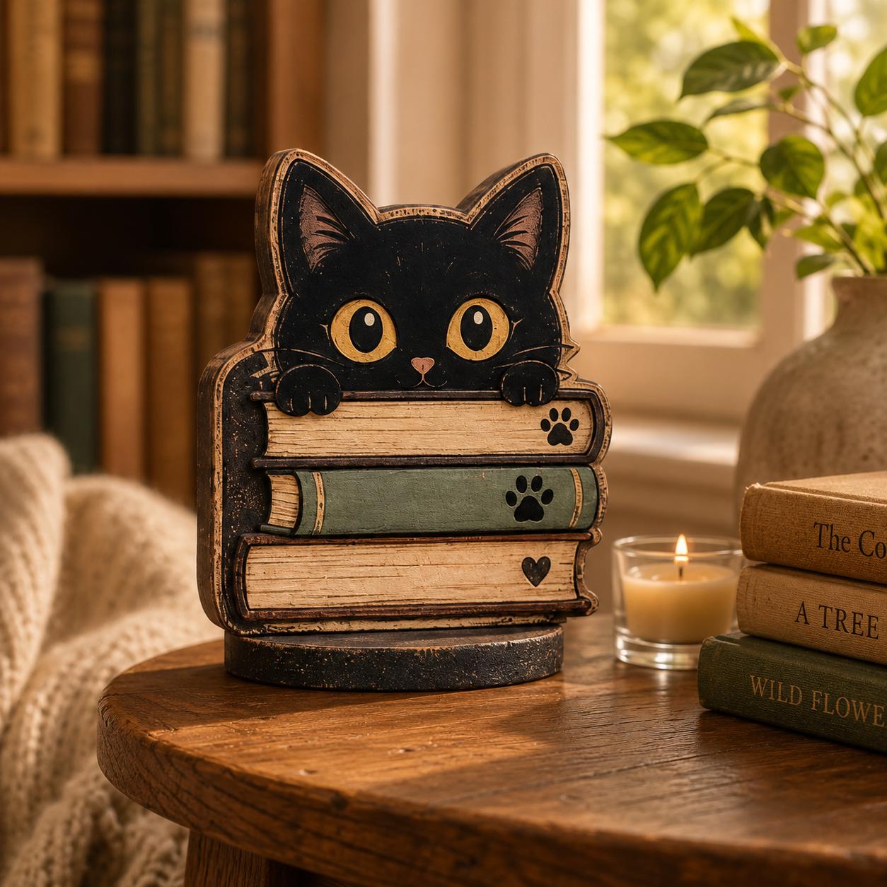 Black Cat Magic Wooden Block Decor, Vintage Halloween Cat Shelf