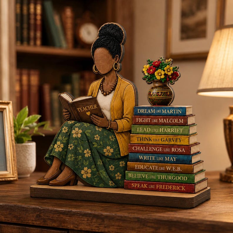 Puede incluir: Una figura decorativa de una persona con el cabello oscuro recogido en un mo&ntilde;o, vistiendo un c&aacute;rdigan amarillo y una falda verde con flores, leyendo un libro que dice TEACHER. Junto a ella hay una pila de libros con t&iacute;tulos como DREAM LIKE MARTIN.