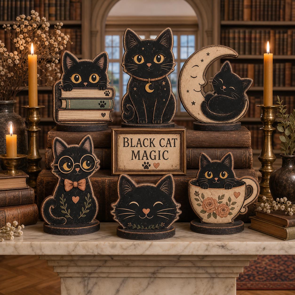Black Cat Magic Wooden Block Decor, Vintage Halloween Cat Shelf