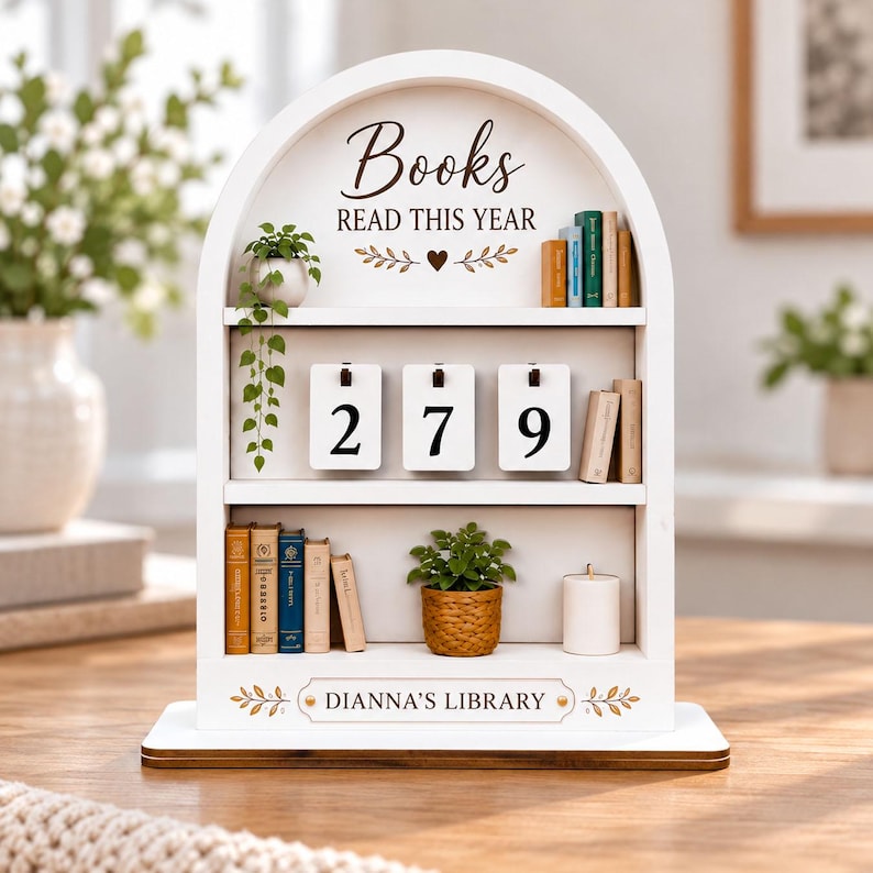 May include: A white arched wooden bookshelf display with three tiers. The top shelf features the text "Books READ THIS YEAR" with a heart icon, miniature books, and a hanging plant. The middle shelf has flip-style number cards showing 279. The bottom shelf displays miniature books, a small potted plant, and a white candle, with the text "DIANNA'S LIBRARY" printed at the base.