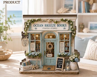 May include: A miniature bookstore model titled Ocean Breeze Books Coastal Stories, featuring a light blue facade, white floral garlands, a central door with a wreath, window displays with books, a small welcome mat, and a chalkboard sign.