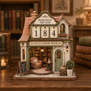Personalized Cozy Book Tracker With Base, Cottage Book Nook Books Read This Year Counter, Reader Gift