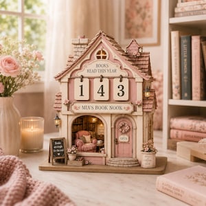 May include: A miniature wooden book nook house featuring a calendar display with the text BOOKS READ THIS YEAR and the number 143. The structure includes a pink door, a small armchair, a sign reading MIA'S BOOK NOOK, and a chalkboard sign.