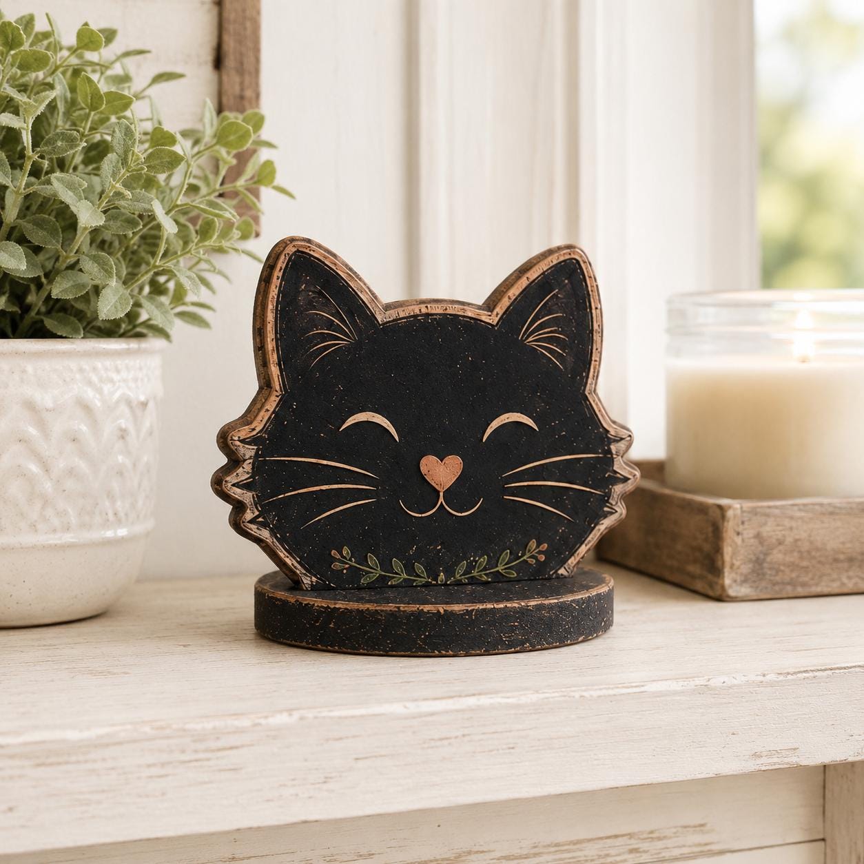 Black Cat Magic Wooden Block Decor, Vintage Halloween Cat Shelf