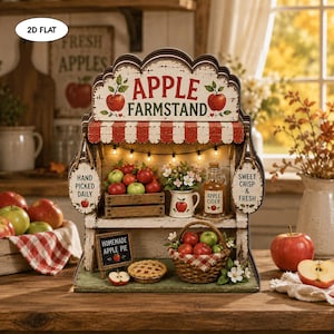May include: A decorative wooden apple farmstand display featuring a red and white striped awning, string lights, and two shelves. It includes a crate of apples, a pitcher of flowers, a bottle of apple cider, a basket of apples, and a pie sign.