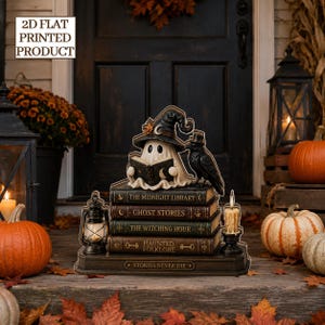 May include: A 2D flat printed decorative display featuring a ghost wearing a witch hat and reading a book, perched atop a stack of four books titled The Midnight Library, Ghost Stories, The Witching Hour, and Haunted Folklore, with a lantern and candle.