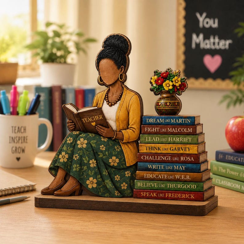 Puede incluir: Una figura de madera de una persona con el pelo oscuro recogido en un mo&ntilde;o, con un c&aacute;rdigan amarillo y una falda verde con flores, leyendo un libro que dice TEACHER. Al lado hay una pila de libros con nombres como MARTIN, MALCOLM, HARRIET y un florero.