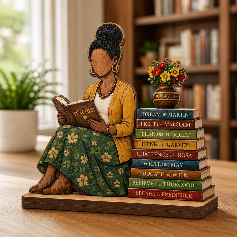 Puede incluir: Una figura de madera de una persona de tez oscura con el cabello en un mo&ntilde;o, vistiendo un c&aacute;rdigan amarillo y una falda floral verde, leyendo un libro etiquetado TEACHER. Junto a ella hay una pila de libros con nombres como MARTIN y MALCOLM.
