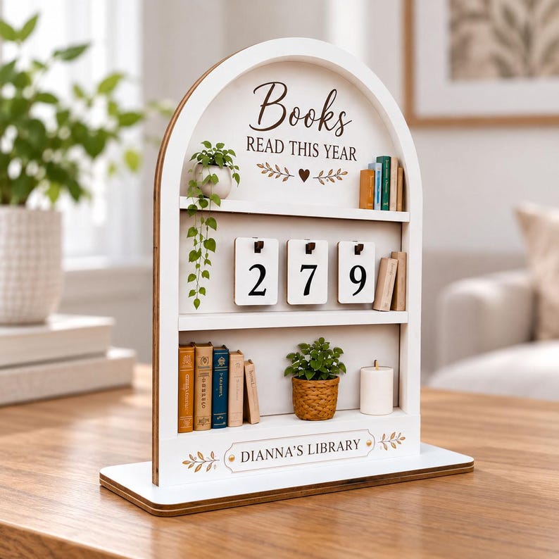 May include: A white arched wooden bookshelf display with three tiers. The top features the text "Books READ THIS YEAR" with a heart icon. The middle tier has three flip cards showing the number 279. The bottom tier displays "DIANNA'S LIBRARY" with small potted plants, miniature books, and a candle.