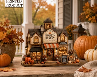 Pumpkin Bakery Wooden Block Decor, Fall Harvest Tabletop Display, Autumn Village House, Thanksgiving Home Decoration