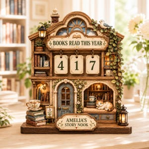 May include: A wooden bookshelf display shaped like a house with the text BOOKS READ THIS YEAR and AMELIA'S STORY NOOK. It features three hanging number cards showing 417, miniature books, a cat, a bird, lanterns, and floral vines.