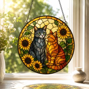 Cat Sunflower Stained Glass Window Hanging, Pet Lover Suncatcher, Floral Cat Glass Wall Decor Gift