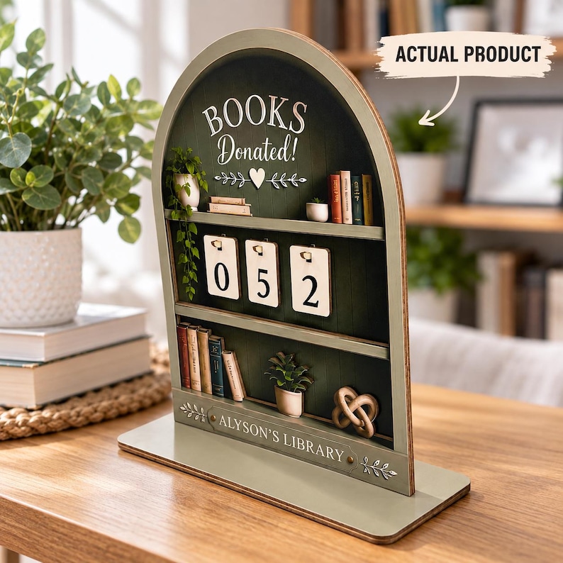 May include: An arched wooden display stand with a dark green background featuring the text BOOKS Donated! and a heart icon. It has two shelves holding miniature books, potted plants, and a knot ornament. Three numbered cards show 052.