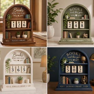 May include: A wooden arched bookshelf tracker with three shelves, featuring the text "Books read this year" and customizable name plates. The unit includes miniature books, potted plants, and three hanging number cards to display reading progress.