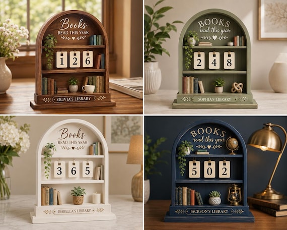 Personalized Arched Bookshelf Wooden Book Tracker With Base, Books Read This Year Counter, Cozy Reading Nook Gift