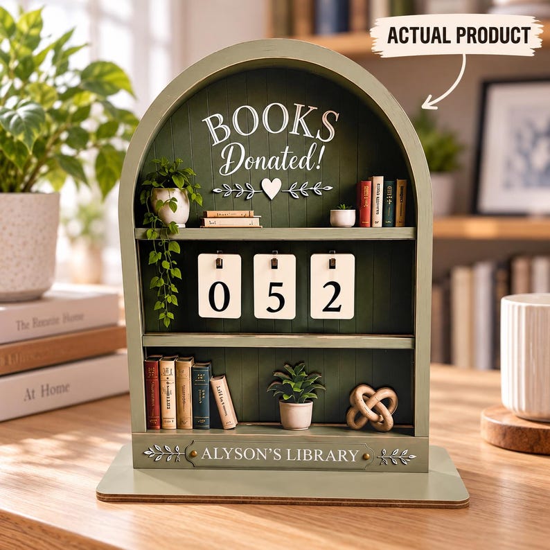 May include: An arched green wooden bookshelf display featuring the text "BOOKS Donated!" and "ALYSON'S LIBRARY." The unit includes three shelves decorated with miniature books, small potted plants, a decorative knot, and a flip-style counter showing 052.