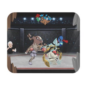 May include: A mousepad featuring a mixed martial arts scene with cartoon characters in a fighting ring. The characters are engaged in combat, with one character in a white gi performing a kick. The background shows a crowd and bright lights.