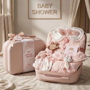 May include: A pink suitcase and a matching open suitcase filled with baby clothes and accessories. The open suitcase contains a pink quilted jacket, a bib, and a small stuffed bunny. The closed suitcase has a ribbon and the text "Sweet Heart". The sign in the background says "Baby Shower".