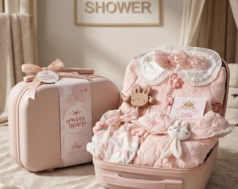 Cadeauset lieve baby in aandenkenkoffer, biologische pasgeboren coming-home-outfit, welkomstpakket, luxe douchebox, doopsel