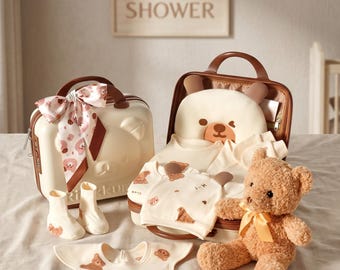 Urso Baby Geschenk Set im Erinnerungskoffer Bio Neugeborenen Coming Home Outfit Willkommen Baby Hamper Luxus Duschbox Taufe Taufe Custom