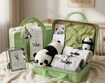 Zestaw prezentowy dla dziecka Panda w pamiątkowej walizce, organiczny strój dla noworodka na powrót do domu, kosz powitalny dla dziecka, luksusowa kabina prysznicowa, chrzest