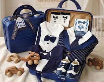 Business Baby Gift Set in Keepsake Suitcase, Organic Newborn Coming Home Outfit, Welcome Baby Hamper, Luxury Shower Box, Christening Baptism