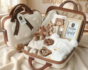 Babycadeau beer in aandenkenkoffer, biologische pasgeboren coming-home-outfit, welkomstpakket, luxe douchebox, doopsel