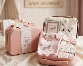 Equestrian Baby Gift Set in Keepsake Suitcase, Organic Newborn Coming Home Outfit, Welcome Baby Hamper Luxury Shower Box Christening Baptism