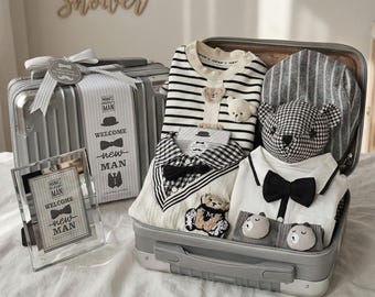 New Man Baby Gift Set in Keepsake Suitcase, Organic Newborn Coming Home Outfit, Welcome Baby Hamper, Luxury Shower Box, Christening Baptism