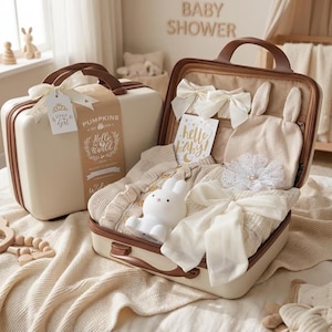Puede incluir: Una maleta color crema con ribetes y asa marrones, abierta para revelar ropa de bebé, una luz de noche con forma de conejito y una tarjeta que dice "Hello Baby!". Una maleta a juego está al lado, con una etiqueta que dice "Little Girl".