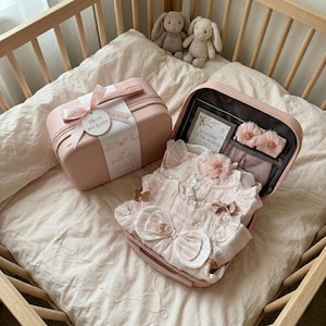 May include: A blush pink hard-shell suitcase containing a ruffled baby outfit, a matching headband with a flower, and a card reading Welcome to the World. The suitcase is wrapped with a ribbon and a tag that says Fran My Baby, with two plush bunnies nearby.