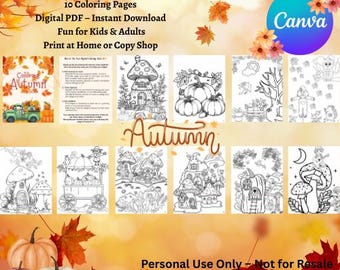 Libro para colorear de otoño: 12 páginas imprimibles / PDF digital para colorear para niños y adultos