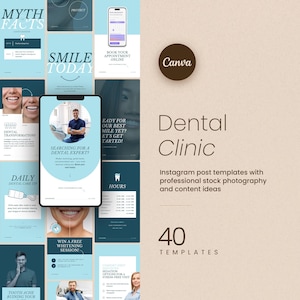 May include: A collection of Instagram post templates for a dental clinic, featuring a light blue and white color scheme. The templates include text such as "Smile Today" and "Searching for a Dental Expert!" with stock photography.
