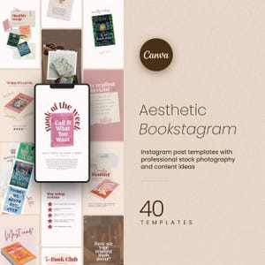 Puede incluir: Plantillas Aesthetic Bookstagram con fotografía de stock profesional e ideas de contenido. La imagen presenta un smartphone que muestra una portada de libro, rodeado de otros gráficos temáticos de libros y el logotipo de Canva.