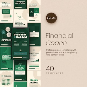 Puede incluir: Plantillas de publicaciones de Instagram para coaching financiero, con un esquema de color verde oscuro y blanco. Las plantillas incluyen texto como "Good debt Bad debt" y "Future value of money". El logotipo de Canva es visible.