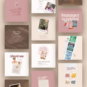 May include: A collection of square cards with text and illustrations related to reading. The cards feature phrases like "buy me books," "Summer wishlist," and "About me." Various book covers and reading-related graphics are also present.