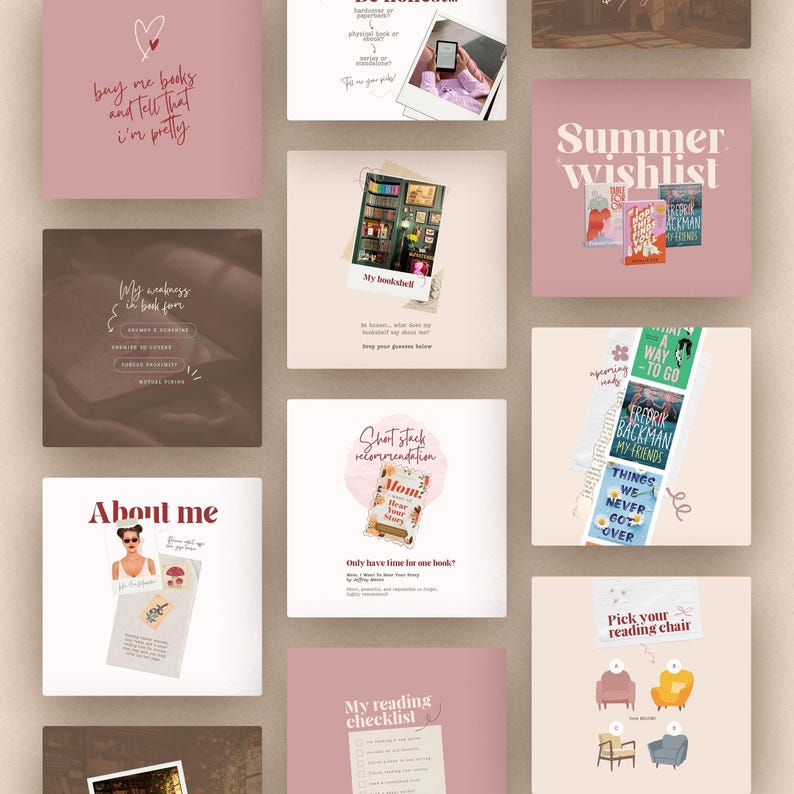 May include: A collection of square cards with text and illustrations related to reading. The cards feature phrases like "buy me books," "Summer wishlist," and "About me." Various book covers and reading-related graphics are also present.