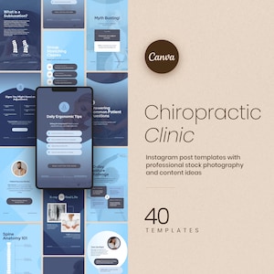 Op de afbeelding: Instagram post templates voor een Chiropractie Kliniek, met een donkerblauw en wit ontwerp. De afbeelding bevat het Canva-logo en tekst zoals "Dagelijkse ergonomische tips" en "40 TEMPLATES".