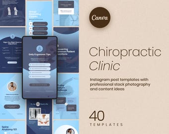 May include: A collection of Instagram post templates for a Chiropractic Clinic. The templates feature a dark blue and white color scheme with images and text. The image includes the Canva logo and the text "40 TEMPLATES".