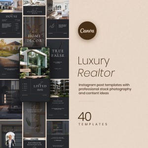 Puede incluir: Plantillas de publicaciones de Instagram para agentes inmobiliarios de lujo. Las plantillas presentan fotografías de stock profesionales e ideas de contenido. El diseño incluye fondos oscuros con texto blanco e imágenes de casas.