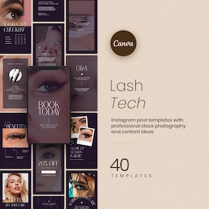 May include: A collection of Instagram post templates for lash technicians. The templates feature images of eyes, lashes, and text such as "Book Today" and "20% Off". The Canva logo is visible.