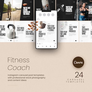 Pode incluir: Imagem promocional para um treinador de fitness, apresentando modelos de posts em carrossel do Instagram. O design inclui fotos de stock, ideias de conteúdo e o logotipo da Canva. O texto inclui frases como "Eles priorizam o sono" e "Eles celebram pequenas vitórias."
